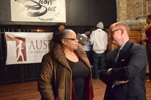 Ald. Deborah Graham (29th Ward) talks with state Sen. Don Harmon (D-Oak Park).